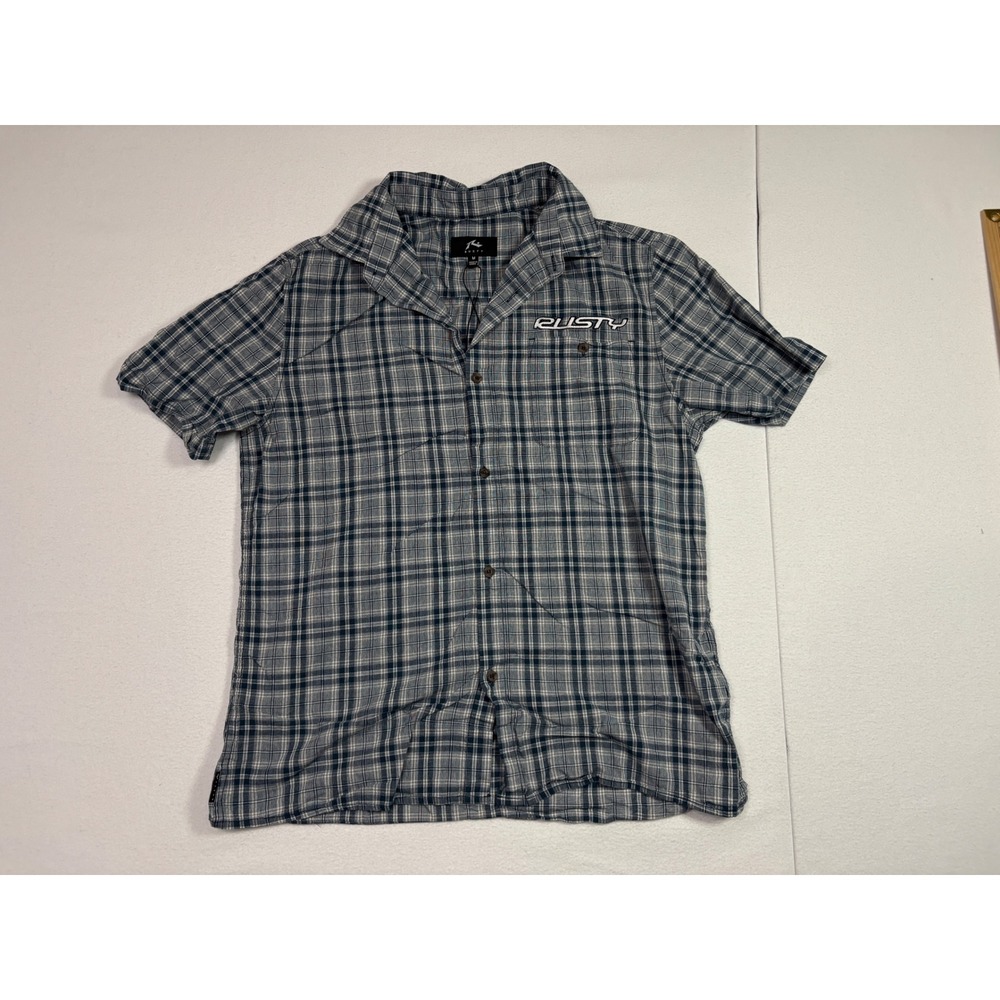 Rusty Mens Medium Blue Plaid Short Sleeve Button Front Cotton Surf Skate Shirt